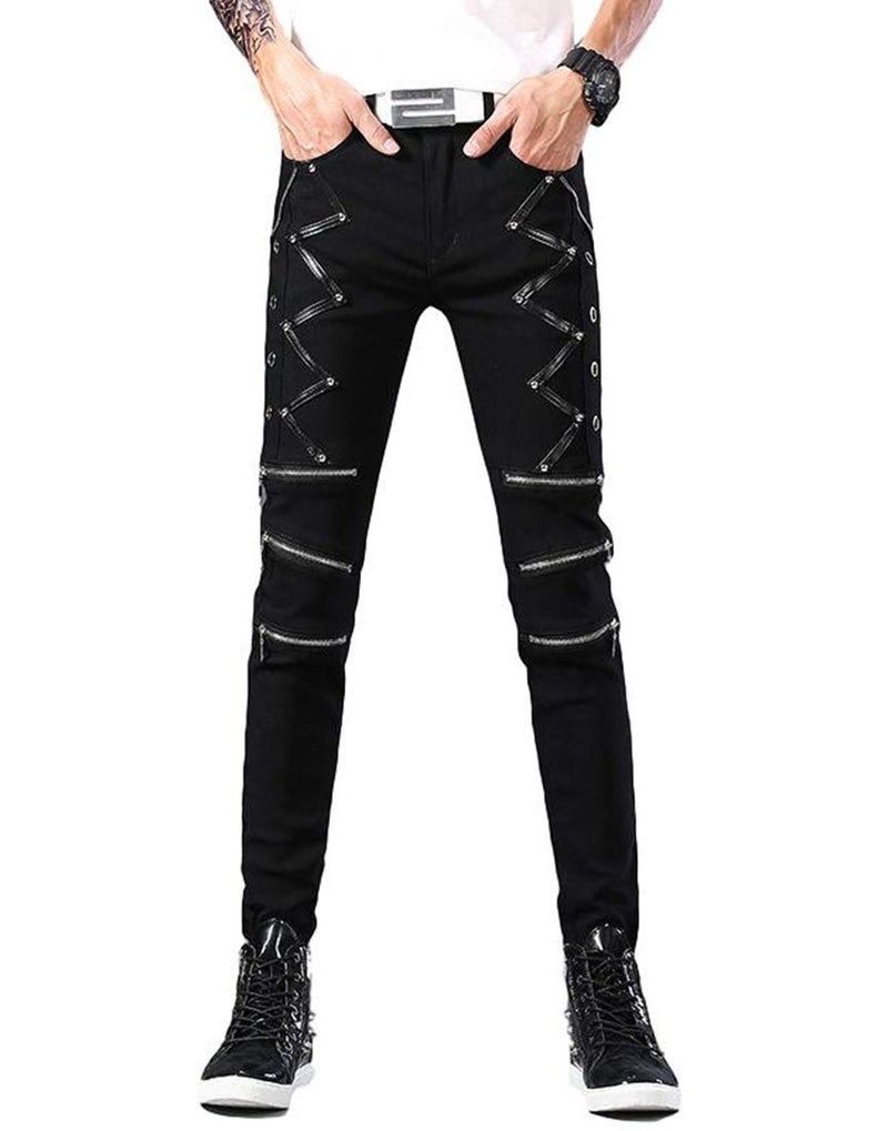 Idopy Men`s Punk Gothic Night Club Party Buckles Motorcycle Pants Biker Jeans (30, Black 1610) - Image 1